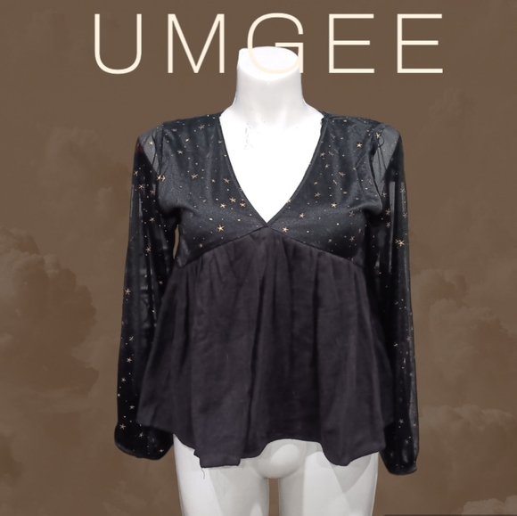 UMGEE Peasant Blouse Ballon Sheer Sleeve Plunge Neck Casual Top Gold Accent Sz M - Picture 2 of 12
